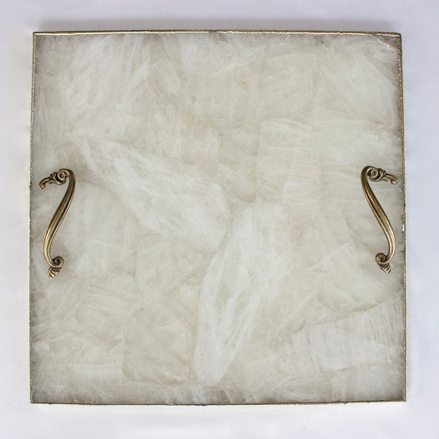 White Agate Serving Tray With Brass Handles | Square-0