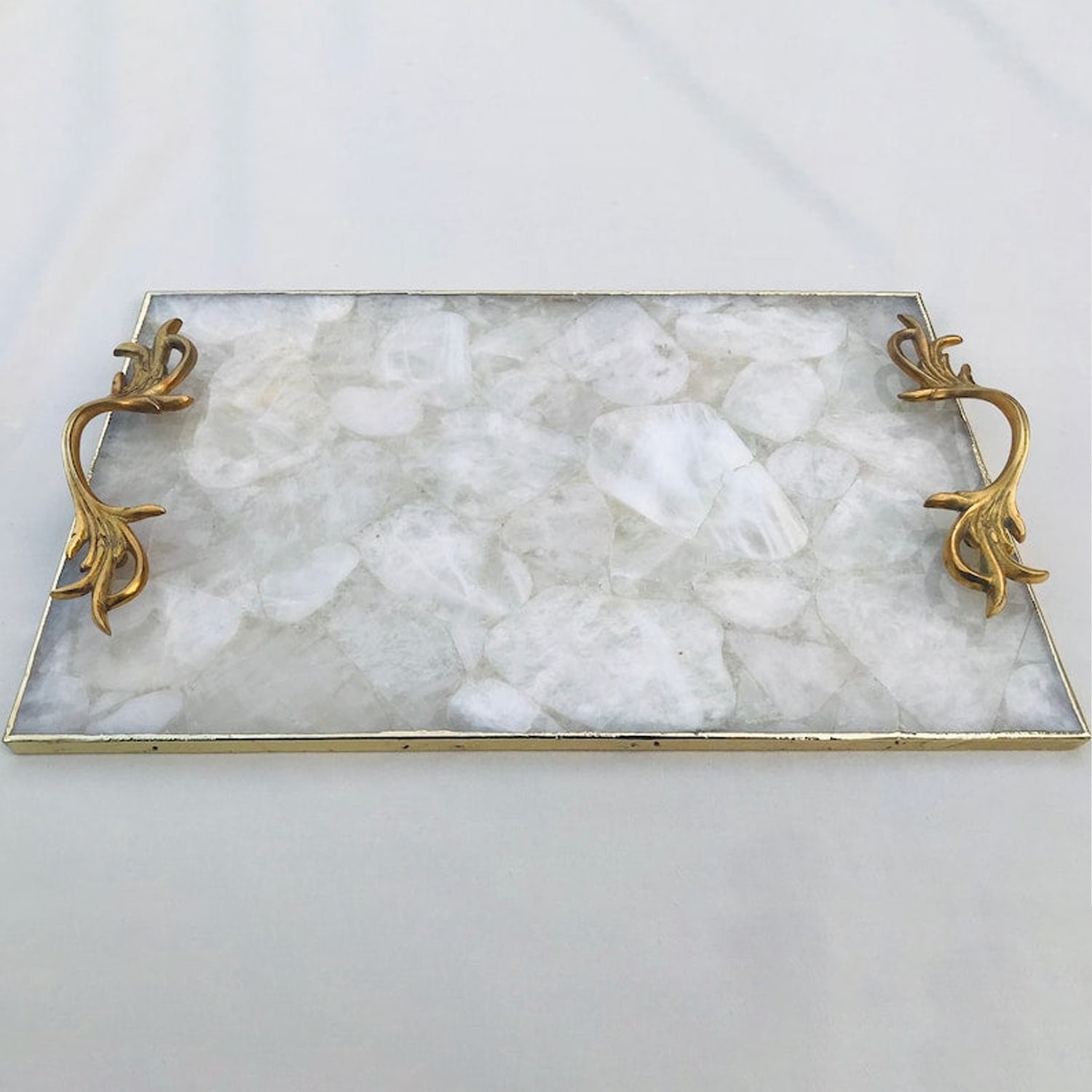 White Agate Serving Tray With Brass Handles-1