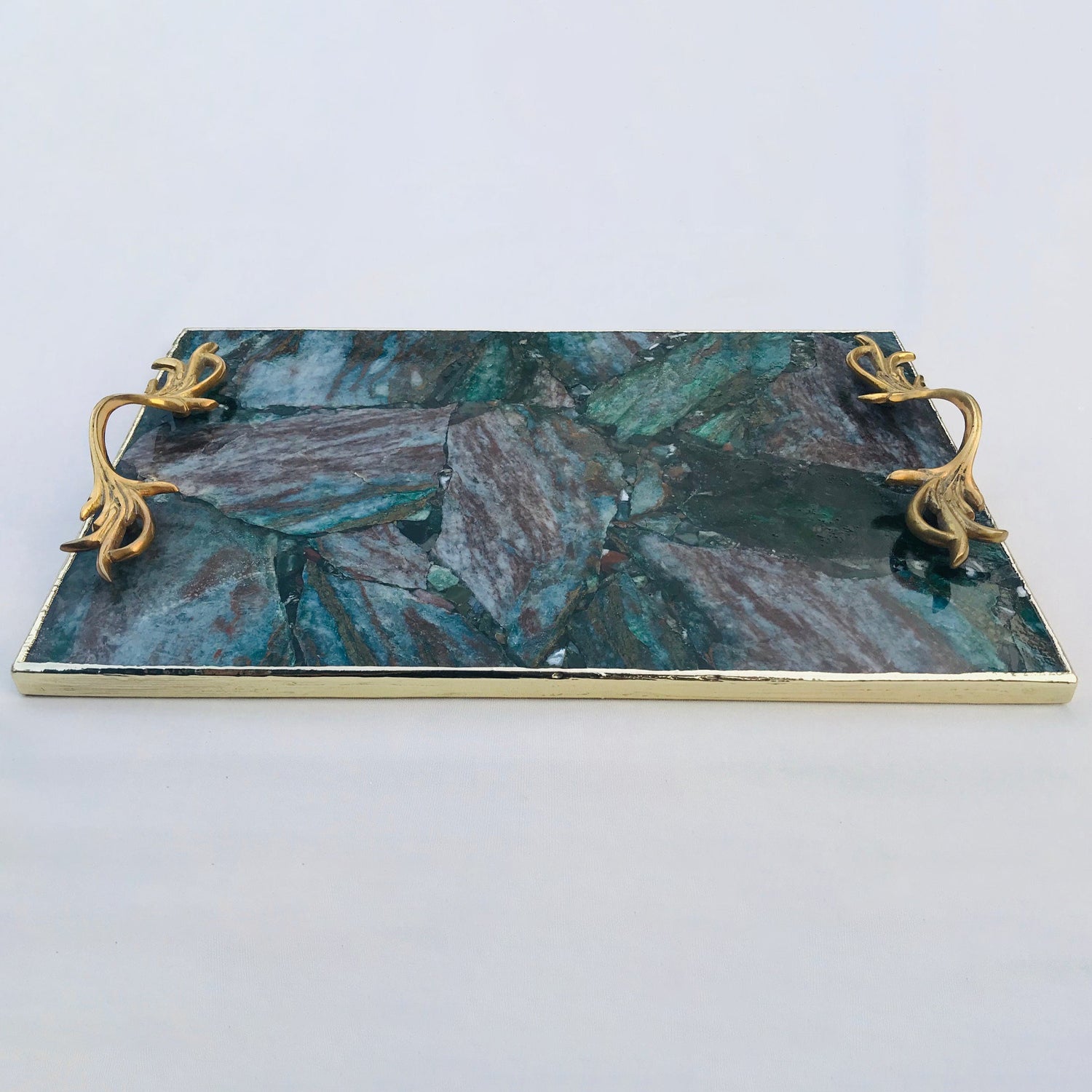 Green Aventurine Agate  Serving Tray With Brass Handles-1
