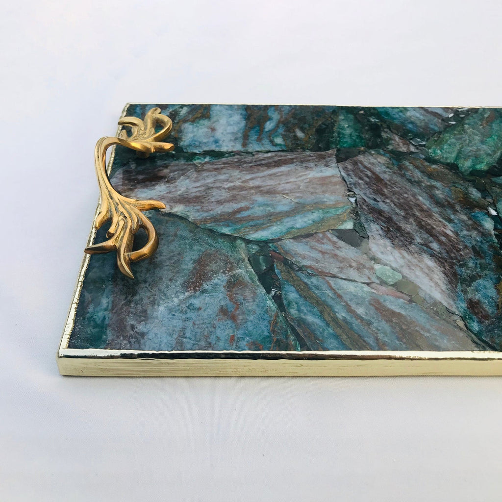 Green Aventurine Agate  Serving Tray With Brass Handles-3