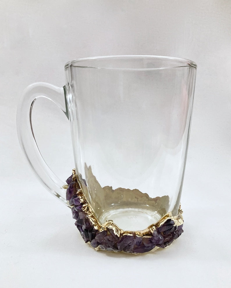 Set of 2 |Crystal Glass Coffee/Tea/Juice Mugs with Gold Plated Agate/Quartz Semi-precious Crystals | 11 oz/320 ml-0