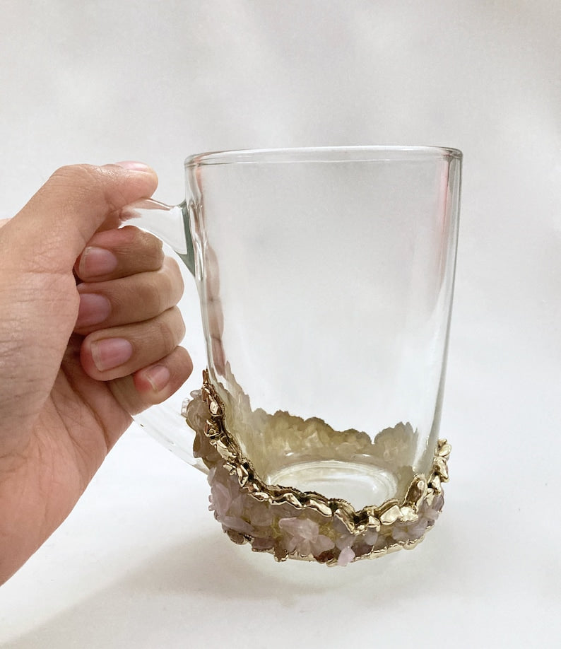 Set of 2 |Crystal Glass Coffee/Tea/Juice Mugs with Gold Plated Agate/Quartz Semi-precious Crystals | 11 oz/320 ml-1