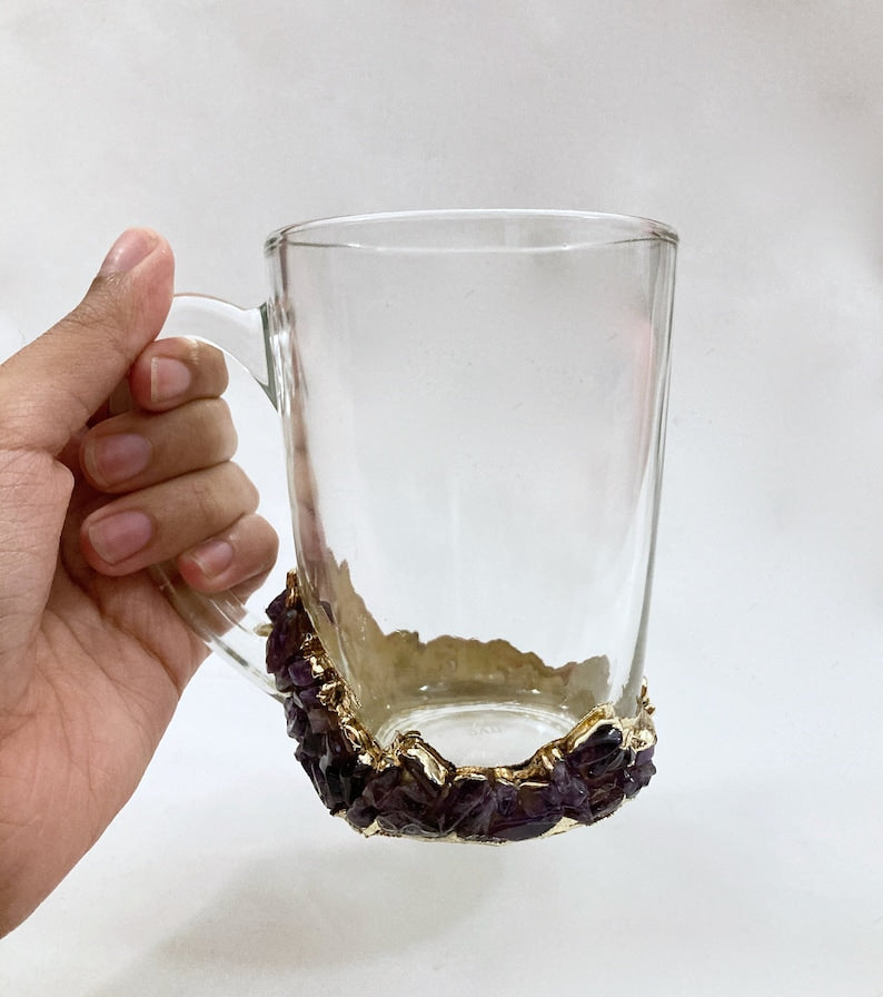 Set of 2 |Crystal Glass Coffee/Tea/Juice Mugs with Gold Plated Agate/Quartz Semi-precious Crystals | 11 oz/320 ml-3