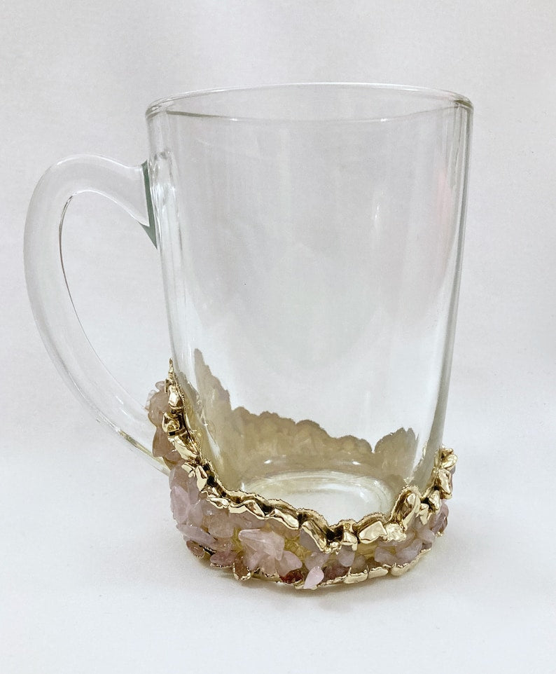 Set of 2 |Crystal Glass Coffee/Tea/Juice Mugs with Gold Plated Agate/Quartz Semi-precious Crystals | 11 oz/320 ml-2