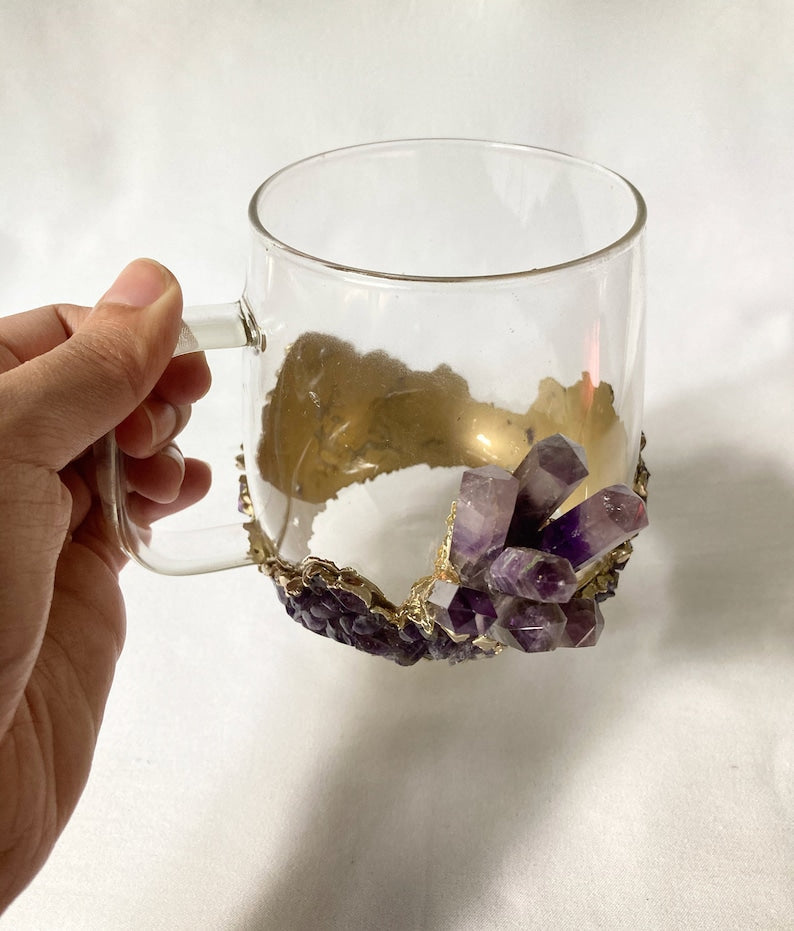 Set of 2 |Crystal Glass Coffee/Tea/Juice Mugs with Gold Plated Purple Amethyst Agate/Quartz Semi-precious Crystals | 17 oz/500 ml-1