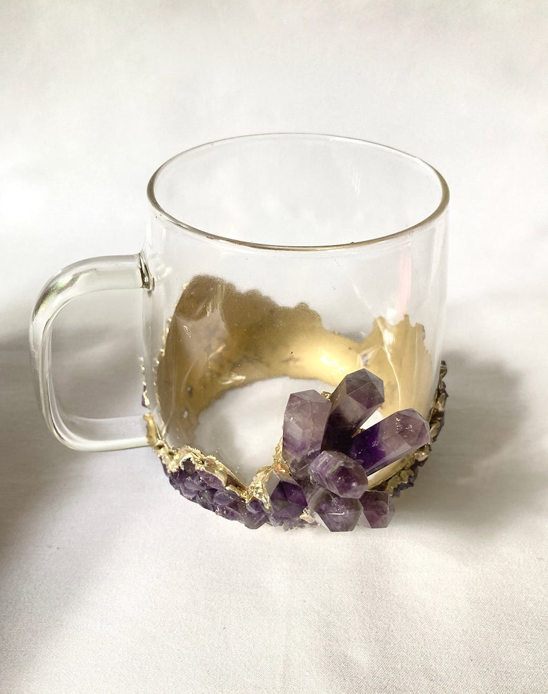 Set of 2 |Crystal Glass Coffee/Tea/Juice Mugs with Gold Plated Purple Amethyst Agate/Quartz Semi-precious Crystals | 17 oz/500 ml-0