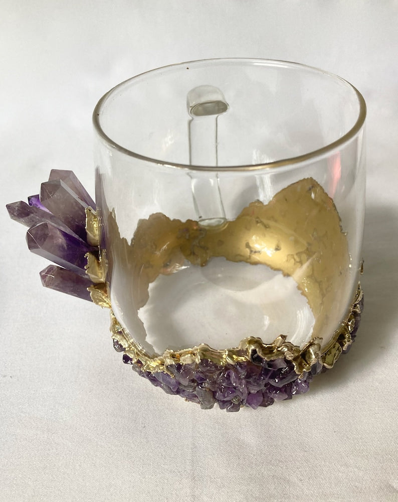 Set of 2 |Crystal Glass Coffee/Tea/Juice Mugs with Gold Plated Purple Amethyst Agate/Quartz Semi-precious Crystals | 17 oz/500 ml-3