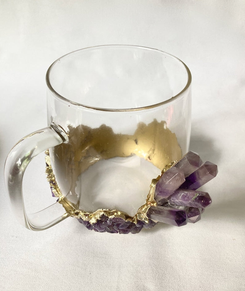 Set of 2 |Crystal Glass Coffee/Tea/Juice Mugs with Gold Plated Purple Amethyst Agate/Quartz Semi-precious Crystals | 17 oz/500 ml-4