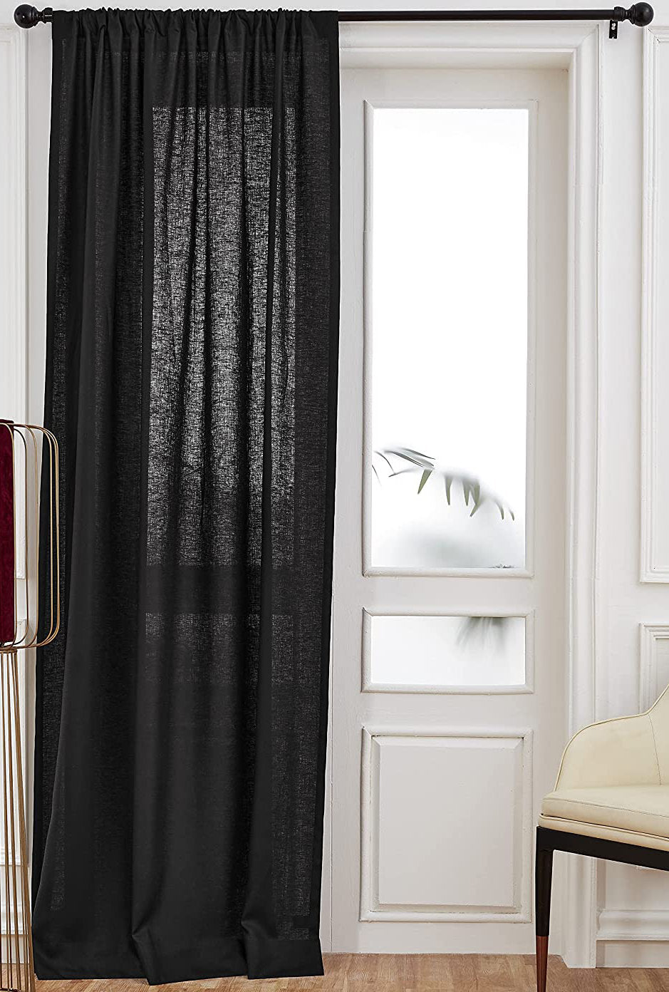 Black - 100% Pure Linen Curtains | Cotton Linen Mix | Two Panels | 2" Rod Pocket | Semi Sheer-1