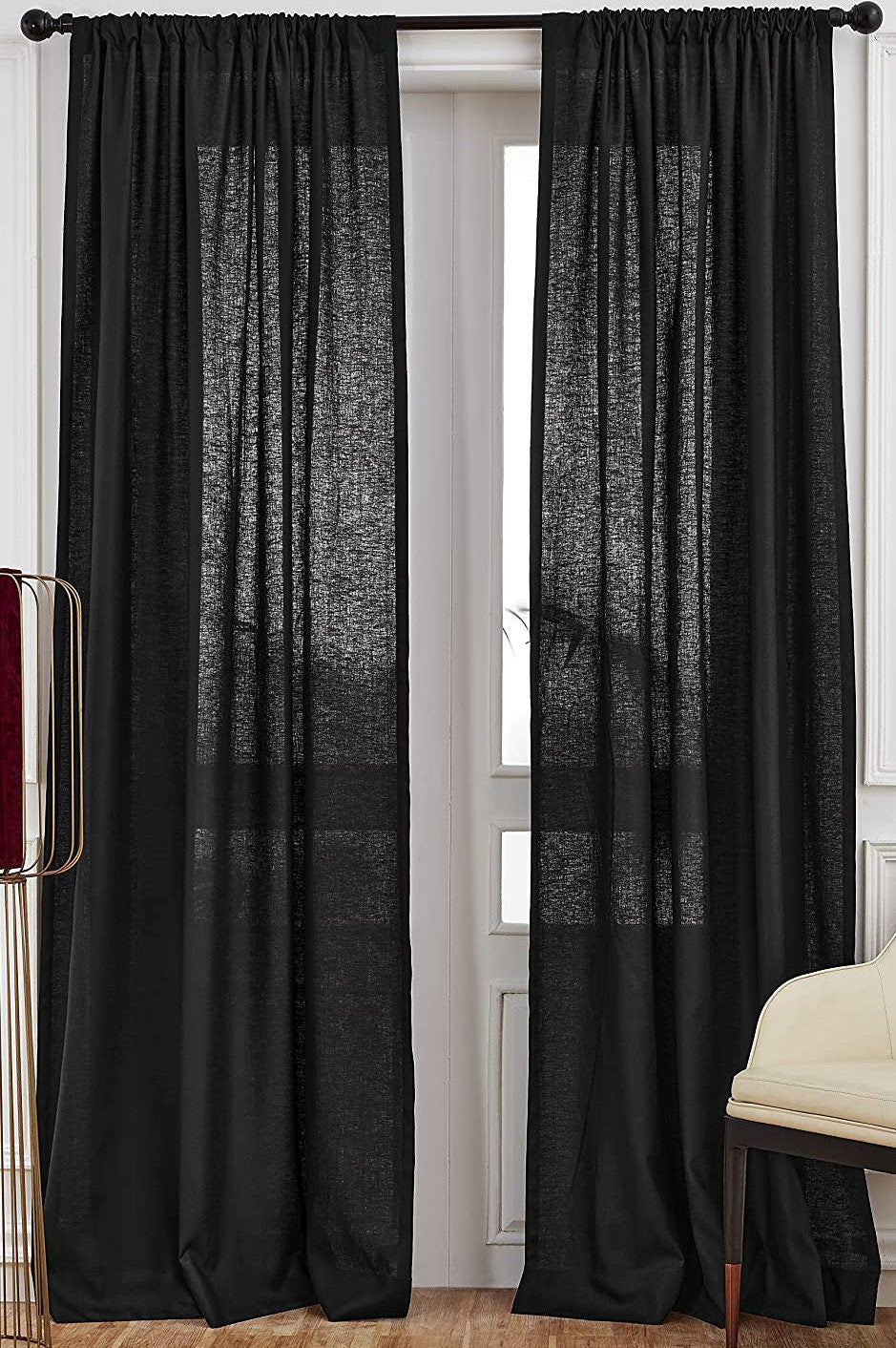 Black - 100% Pure Linen Curtains | Cotton Linen Mix | Two Panels | 2" Rod Pocket | Semi Sheer-0